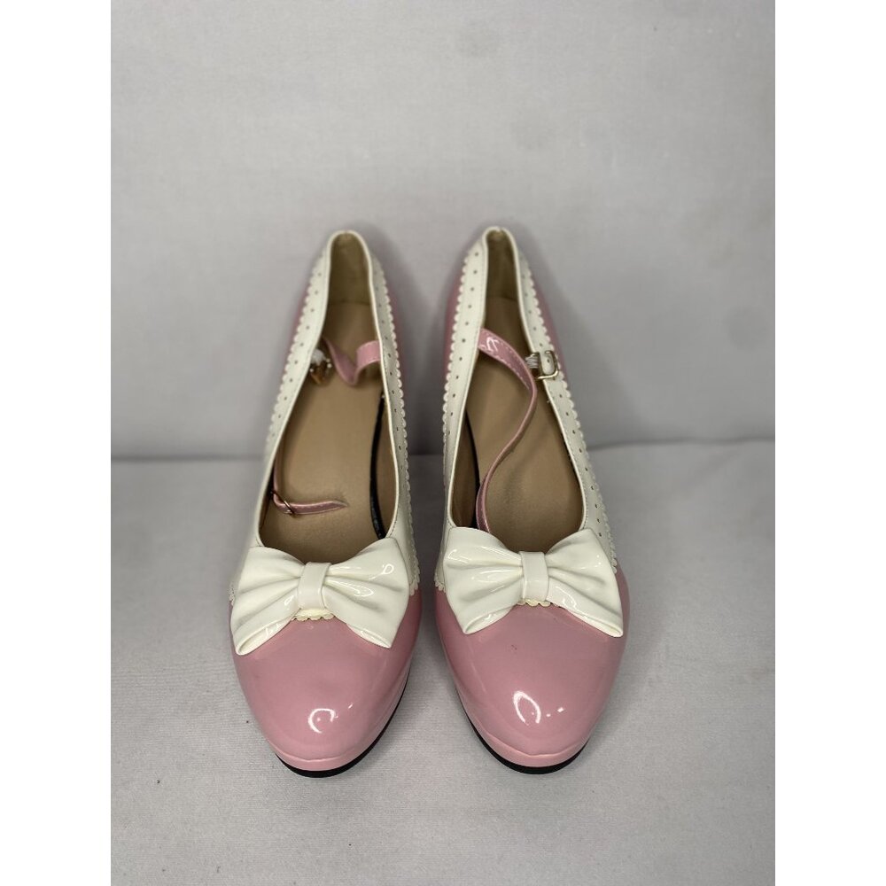 Pink & White Chunky High Heel Mary Jane Pumps With Bow Detail